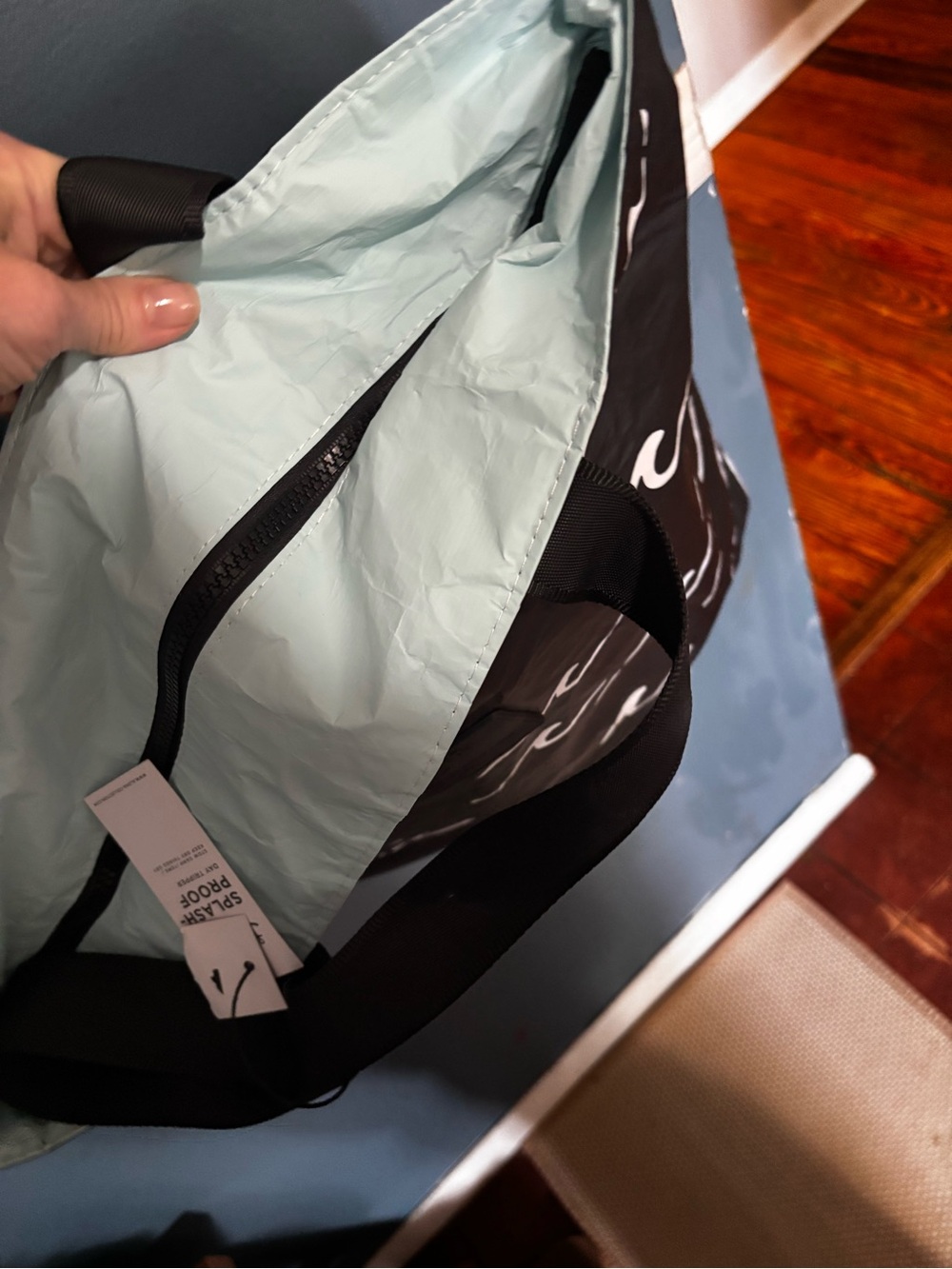 ALOHA Collection Black Tote with White Wave Print and Light Blue Lining - Picture 11 of 12